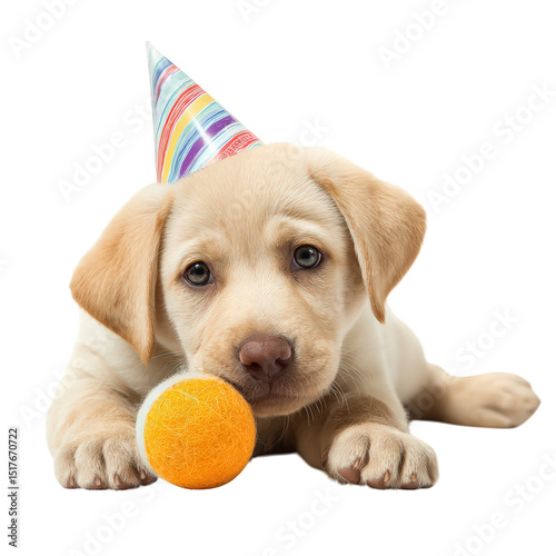 Playful Labrador Retriever puppy wearing colorful party hat, resting on ground with orange ball in front of it. puppy expression is adorable and inviting, perfect for celebrating special moments