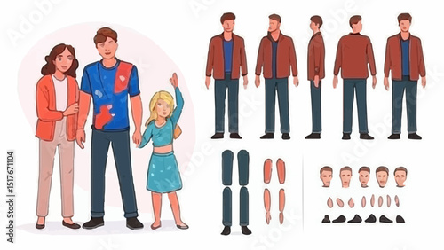 Father with mother and daughter. Family character constructor for animation. Front, side and back view set. Body parts, postures, poses collection. Vector illustration