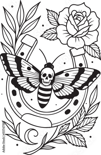 Tattoo Style Coloring Page for Adults –Printable Intricate Line Art for Relaxation, Stress Relief, and Mindful Coloring and Hobby Time