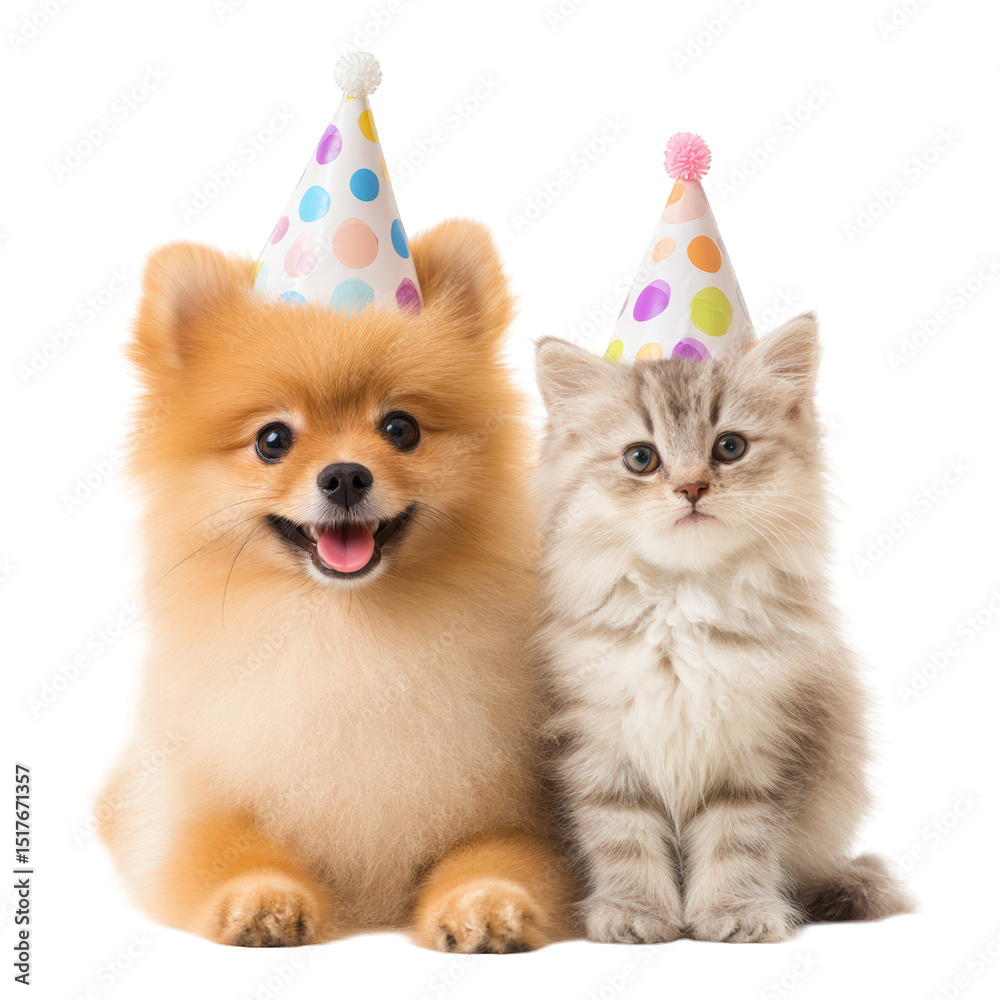 Obraz premium Cheerful Pomeranian and fluffy kitten both wearing colorful party hats, sitting side by side, radiating joy and playfulness. This adorable duo is perfect for celebrating special moments together