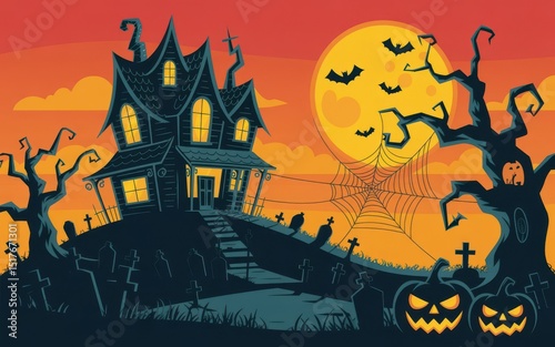 Spooky halloween haunted house scene illustration