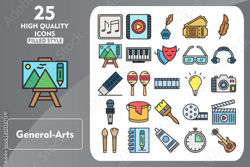 General-arts Line Filled Icon Set. Incleded Icons Musical Note, Maracas, Film Reel, Clapperboard, Paint Brush, Sketchbook, Paint Tube, Countdown. Vector Icons Collection
