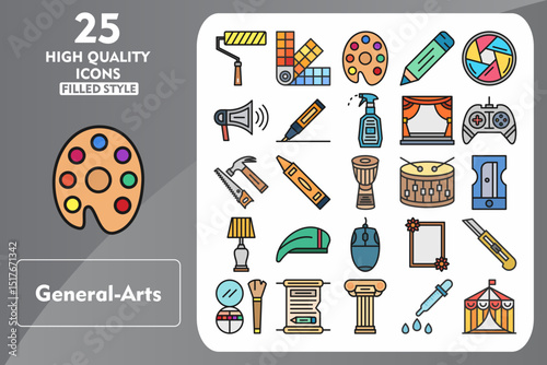 General-arts Line Filled Icon Set. Incleded Icons Paint Roller, Paint Swatch, Palette, Pencil, Shutter, Speaker, Marker, Spray, Stage, Gamepad, Carpentry. Vector Icons Collection