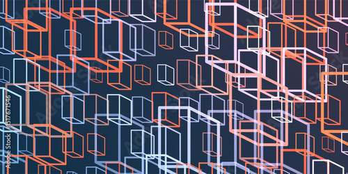 A vibrant abstract pattern of layers of repeating 3D cubes in purple, brown and blue placed on a dark blue background. The bold geometric design and contrasting colors create a striking modern visual