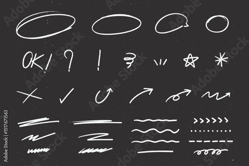 Hand-Drawn Chalk Line Doodle Illustration including arrow, check mark, cross mark, underline, speech bubble symbols. 
