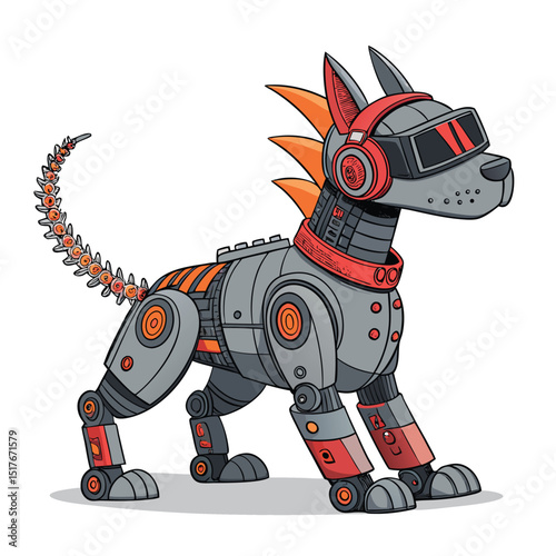 Cyberpunk robotic dog, VR headset, glowing energy spine, metallic fur, aggressive pose.