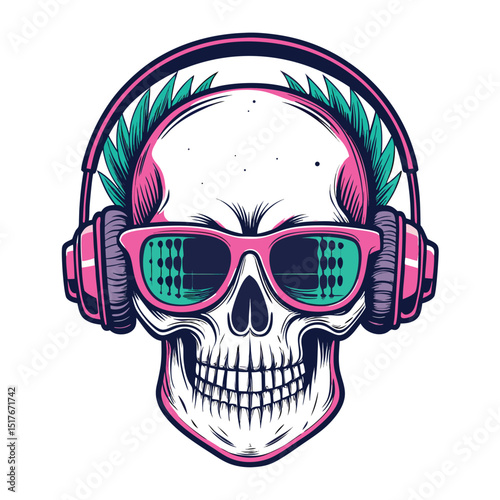 A stylized punk skull, adorned with glitching sunglasses and wired earphones, radiating rebellious energy.