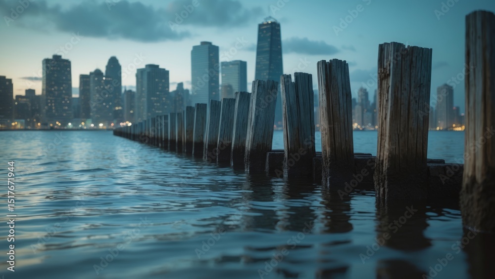Fototapeta premium Sunset landscape capturing Old Pier and Manhattan skyline.