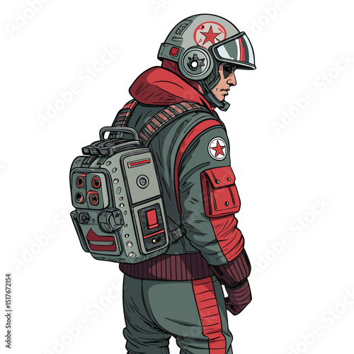 A gritty portrait of a young, rebellious drone pilot, weathered and determined, wearing a powerful mech backpack with visible patching and wear.  Focus on the intricate details of the tech.