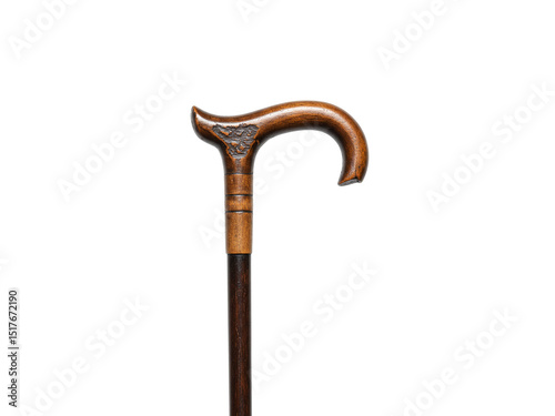 Old crook handle walking stick isolated on white background.