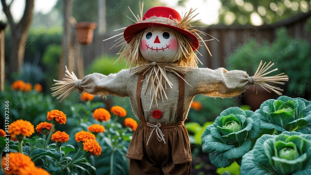 Fototapeta premium Creepy Stuffed Scarecrow in a Garden During Summer Sunshine