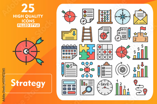 Strategy Line Filled Icon Set. Incleded Icons Target, Agenda, Abacus, Compass, Email, Folder, Ladder, Objective, Planning, Podium, Calendar. Vector Icons Collection