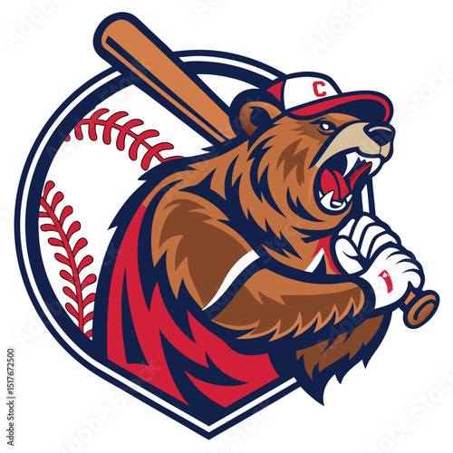 Design a vintage baseball logo featuring a ferocious roaring bear, incorporating retro color palettes and bold typography.  Include a baseball bat or ball element.