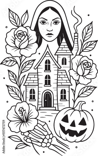Tattoo Style Coloring Page for Adults –Printable Intricate Line Art for Relaxation, Stress Relief, and Mindful Coloring and Hobby Time