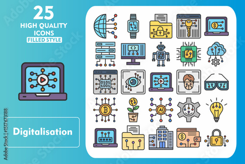 Digitalisation Line Filled Icon Set. Incleded Icons Globalization, Eye Scanner, Setting, Bulb, Password, Folder, Company, Ewallet, Padlock. Vector Icons Collection