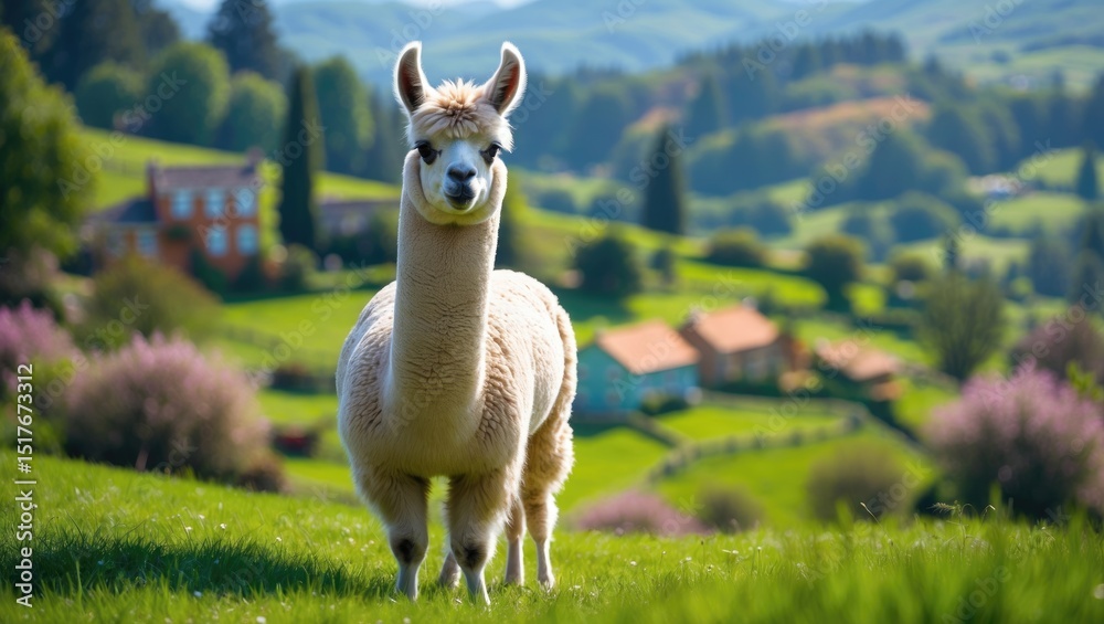 Fototapeta premium White-furred llama resting on lush mountain meadow during summer in Italy