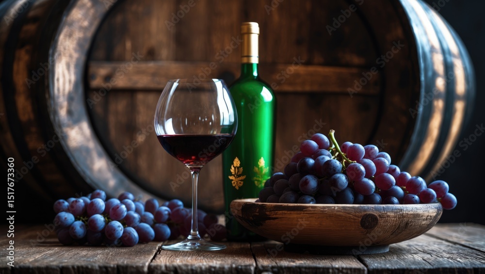 Obraz premium Still life featuring a red wine glass on a wooden table background