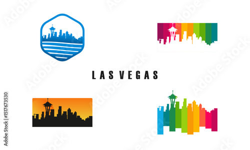 Seattle skyline graphic designs in various color palettes.