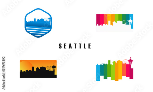Seattle skyline illustrations in various styles.