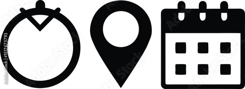 Black and White Icons Time Location and Calendar for Scheduling