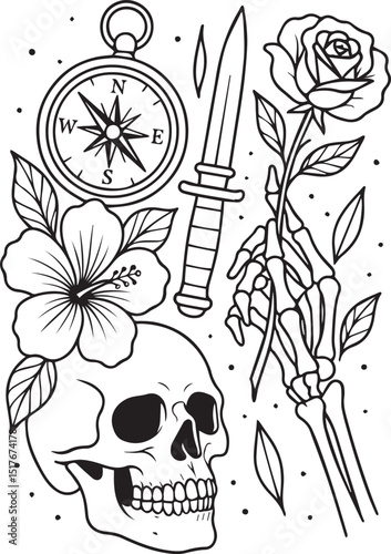 Tattoo Style Coloring Page for Adults –Printable Intricate Line Art for Relaxation, Stress Relief, and Mindful Coloring and Hobby Time