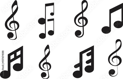 Collection of Black Musical Notes and Treble Clefs on White Background