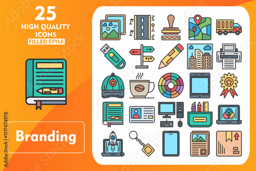 Branding Line Filled Icon Set. Incleded Icons Photos, Coffee Cup, Stationery, Cmyk, Start Up, Key Chain, Smartphone, Poster, Package, Road. Vector Icons Collection