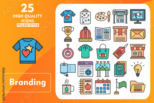 Branding Line Filled Icon Set. Incleded Icons T Shirt, Strategy, Color Palette, Plotter, Advertise, Trophy, Beanie, Magazine, Box, Envelope. Vector Icons Collection
