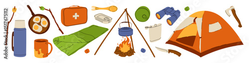 Camping essentials illustration featuring a tent, campfire, food, utensils, sleeping bag, binoculars, axe, and other outdoor gear. Perfect for adventure and travel themes. Vector Stock Illustration.