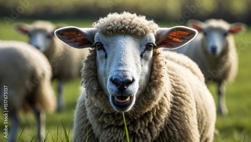Comical sheep munching on grass in a rural farm setting