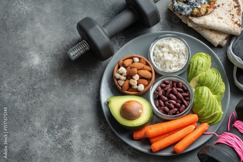 Healthy meal prep with fitness equipment.  A gray plate holds various nutritious foods, including avocado, almonds, beans, carrots, and rice, alongside dumbbells and exercise equipment