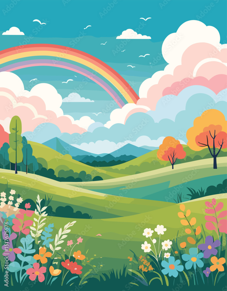 Naklejka premium A colorful landscape featuring a rainbow, lush hills, and vibrant flowers beneath a bright blue sky.