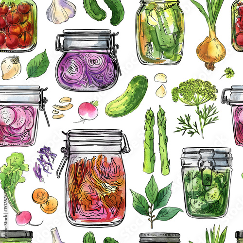 Pattern Jars with fermented vegetables. Tomatoes and cucumbers in a glass jar. Watercolor illustration of food on a white background. Color and ink