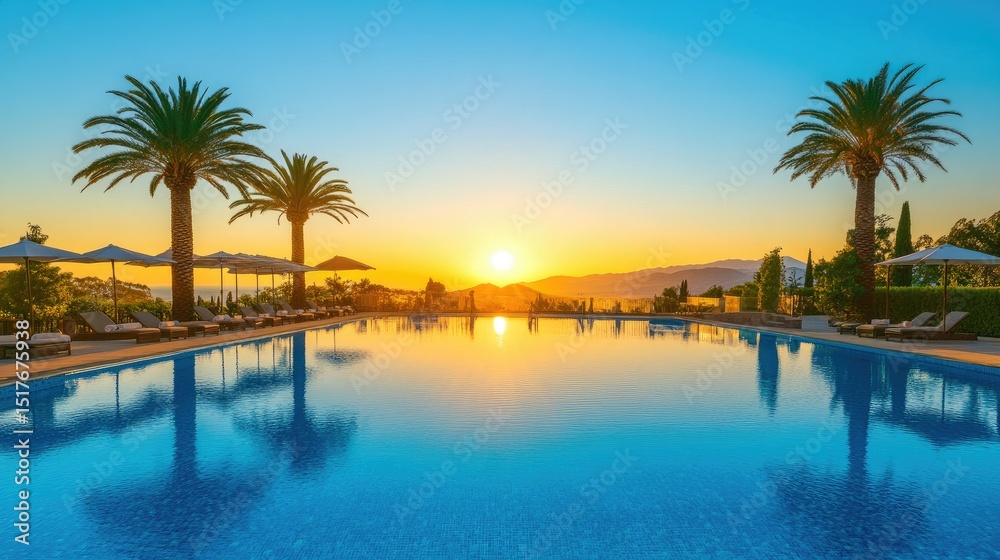 Obraz premium Idyllic holiday setting with palm tree-lined pool, stylish umbrellas, and luxury resort furniture at sunrise