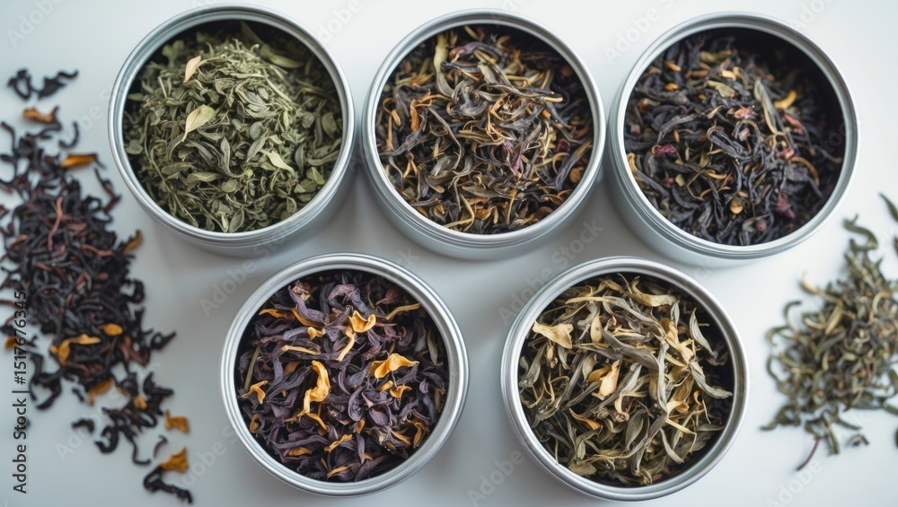 Fototapeta premium Set of dried tea leaves including Earl Grey, Jasmine, Green, and peppermint on white background; top view