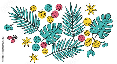 Tropical Leaf and Fruit Doodle Illustration