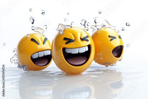 Funny yellow emoticons with water splash isolated on white background.