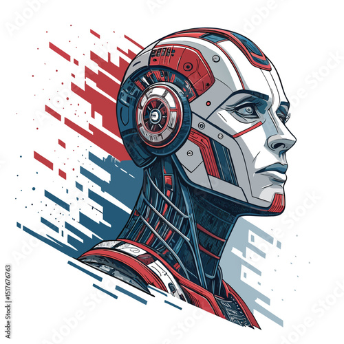 A close-up of a shattered robotic face, fragmented into glitching red pixels, showcasing digital decay and technological failure.