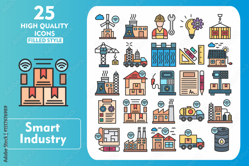 Fototapeta premium Smart industry Line Filled Icon Set. Incleded Icons Windmill, Warehouse, Tanker, Oil Refinery, Blueprint, Factory, Smart Home, Logistics. Vector Icons Collection
