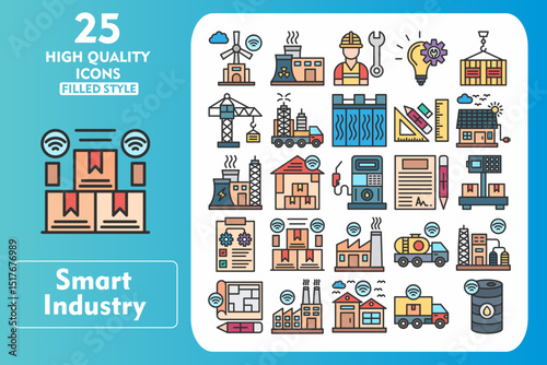 Smart industry Line Filled Icon Set. Incleded Icons Windmill, Warehouse, Tanker, Oil Refinery, Blueprint, Factory, Smart Home, Logistics. Vector Icons Collection