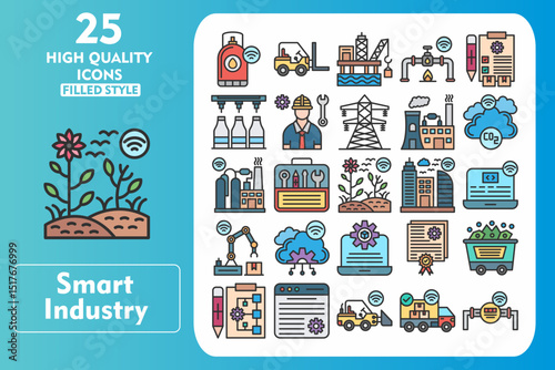 Smart industry Line Filled Icon Set. Incleded Icons Gas Tank, Forklift, Oil Platform, Gas Pipeline, Report, Bottling, Engineer, Transmission Tower. Vector Icons Collection