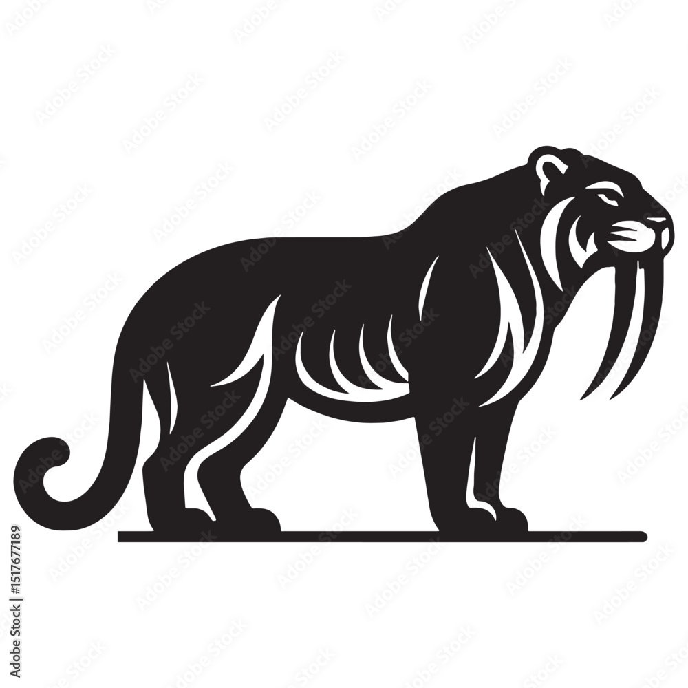 Obraz premium Massive Saber-Toothed Tiger silhouette with dominant look – Saber-Toothed Tiger illustration – Minimalist Saber-Toothed Tiger vector – Stone Age silhouette
