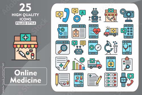 Online Medicine Line Filled Icon Set. Incleded Icons Phone, Question and answer, Robot, Shop, Webcam, Emergency Call, Website, Heart Rate. Vector Icons Collection