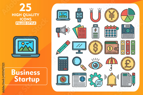 Business startup Line Filled Icon Set. Incleded Icons Laptop, Monitor Screen, Umbrella, Pound, Percentage, Web Browser, Setting. Vector Icons Collection