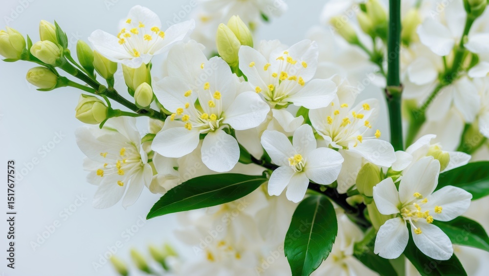 Obraz premium Jasmine Bouquet with White Blossom and Green Leaves