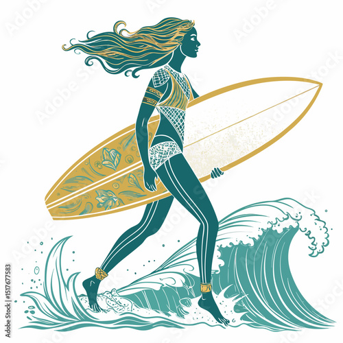 A majestic sea goddess, emerging from swirling ocean depths, holds aloft a weathered wooden board, seaweed adorning her flowing hair.