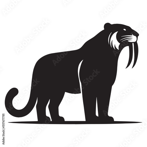 Stalking Smilodon silhouette with low stance – Smilodon illustration – Minimalist Smilodon vector – Stone Age silhouette


