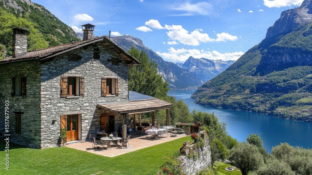 Fototapeta premium Lakeview house with sunny terrace, open sky, and outdoor seating surrounded by nature