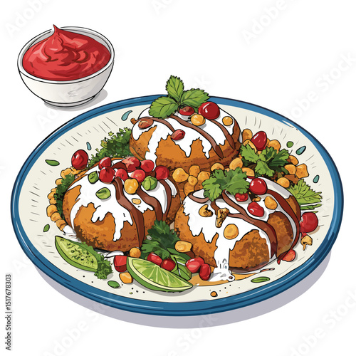 A vibrant close-up shot of aloo tikki chaat, showcasing crispy potato patties topped with yogurt, tamarind chutney, and mint-coriander chutney.