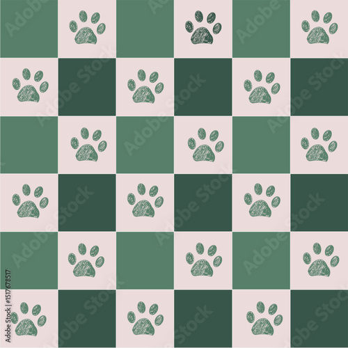 Plaid green and white and paws pattern.eps